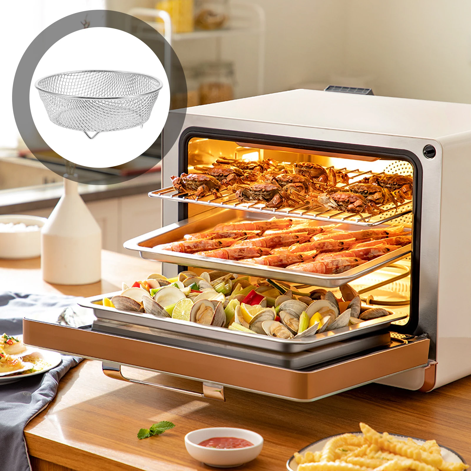 

Round Hanging Sign Baking Air Fryer Basket with Handle Bacon Rack for Oven Accessories Electric