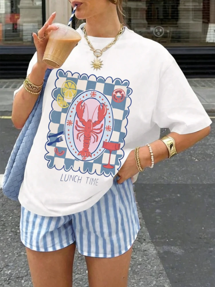 Mittagessen Zeit Hummer Druck Frauen T-Shirt Mode Grundlegende Casual Grafik Top Kurzarm Baumwolle Hemd Niedlichen Cartoon-Muster Weibliche