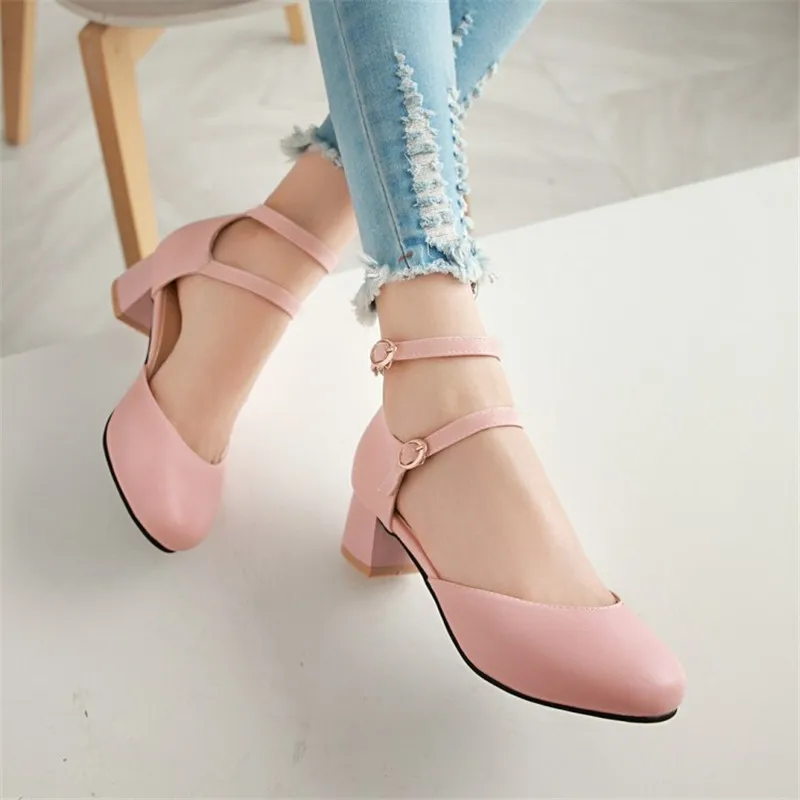 Plus Size 32-43 Girls High Heel Shoes Round Toe Woman Heel Pumps Women\'s Thick Heel Pumps Party Wedding Footwear