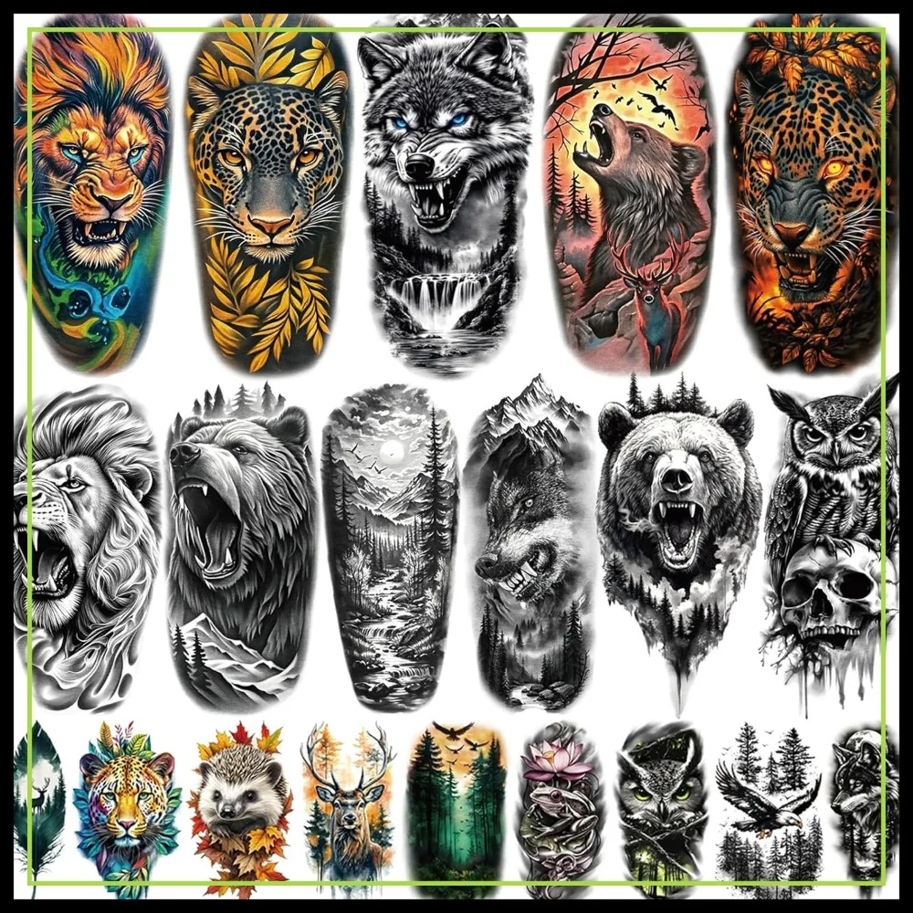 

77 Sheets Temporary Tattoos, 17 Half Arm Wolf Lion Tiger Bear Leopard Eagle, 60 Tiny Animal Tattoos Realistic for Men Women