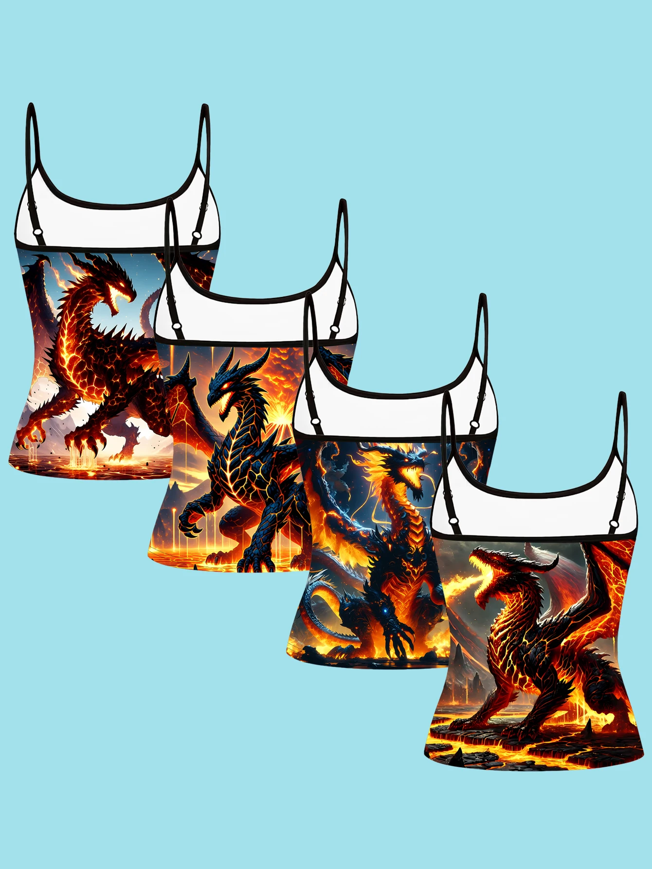 4-Piece Set of Lava Dragon Print Camisoles, Flame Dragon Fantasy Creature Spaghetti Strap Sleeveless Tops, Fantasy Dark Style Slim Fit Inner and Outer Wear Vest Set