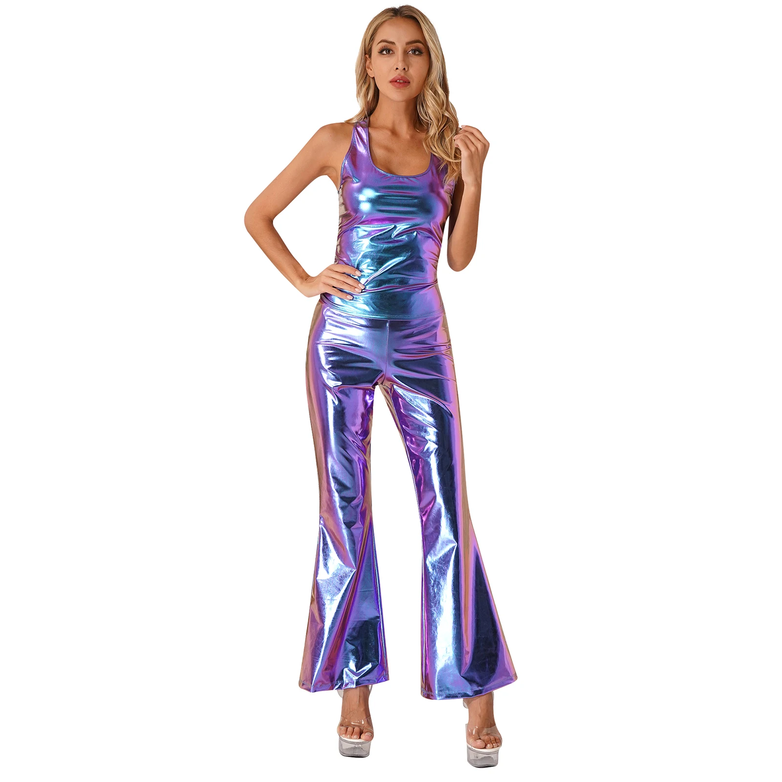 Womens Latin Jazz Dance Costume Sleeveless Tank Top with Elastic Waistband Flare Pants 70\'s Theme Party Disco Dancing Clubwear