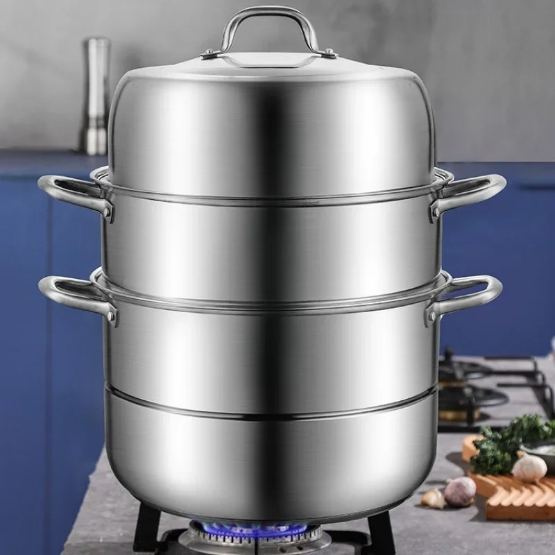 Large 3Tier Stainless Steel Steamer Pot Stackable Design Polished Surface Durable Handles Perfect for Kitchen Restaurant Cooking