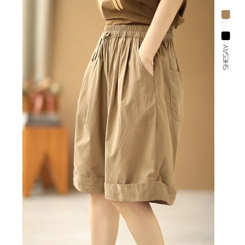 Verão casual cintura alta perna larga calças de cinco quartos feminino workwear orts versátil comute amigável solto ajuste calças