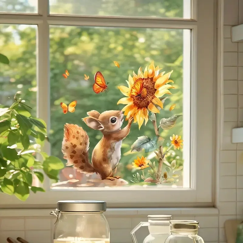 Squirrel and Sunflower Glass Stickers Bright Wall for Home, Windows Door,Refrigerator Decoration, Vinyl Car Decals,Art Wallpaper