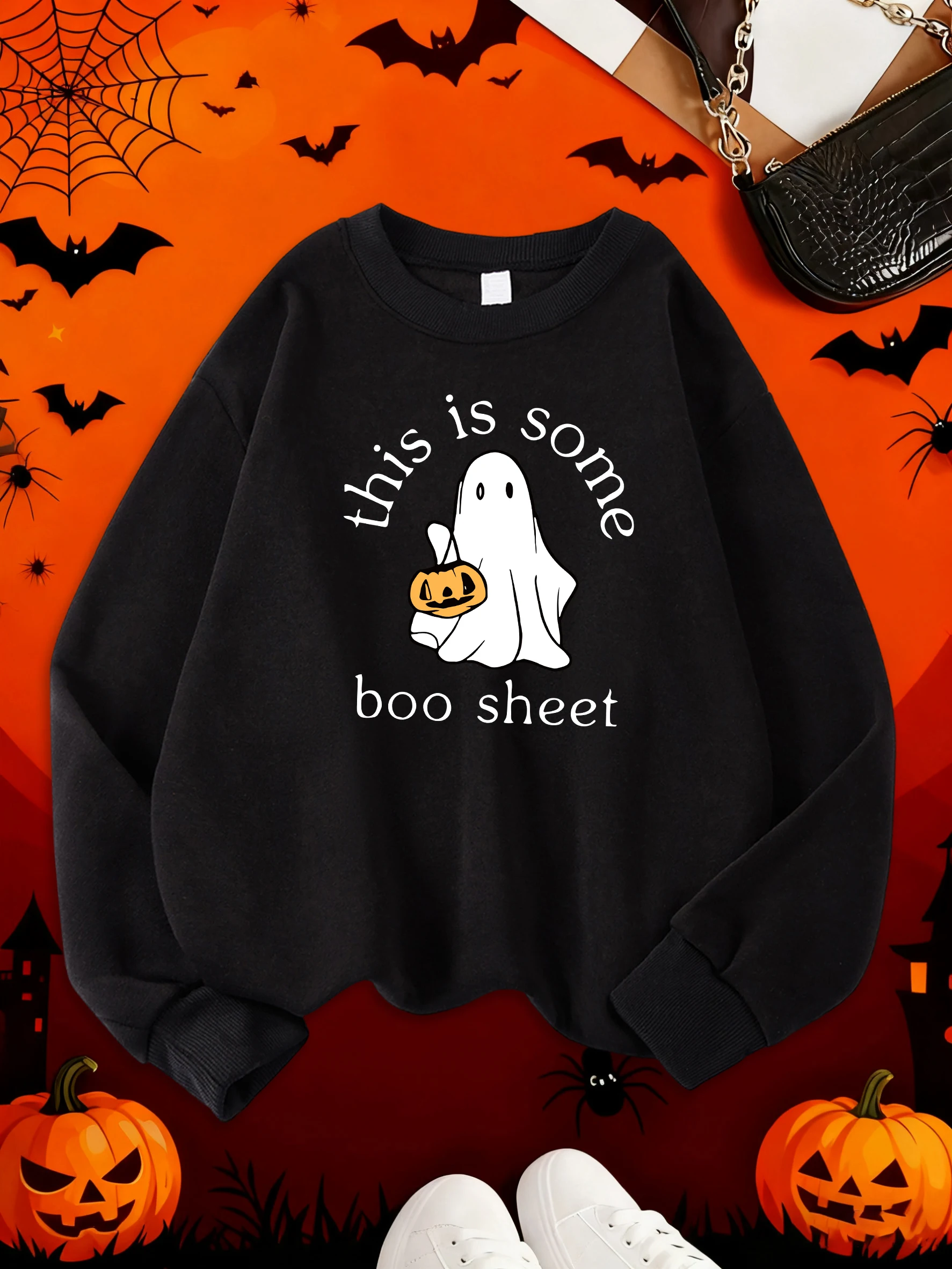 Happy Halloween Ghost Printing Woman'S Fleece Tops Autumn Winter Casual Sweatshirts Street Loose Hoodies Sports Comfy Clothing