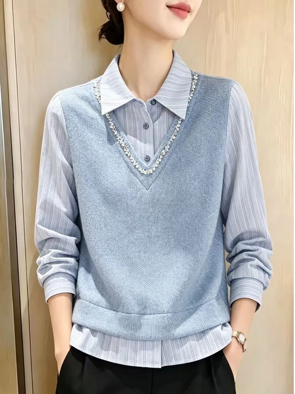 Elegant Long Sleeve Shirt Women's Fashion Spring Autumn Winter 2026 New Style Airy Top Ladylike Design Sense Fake Two-Piece