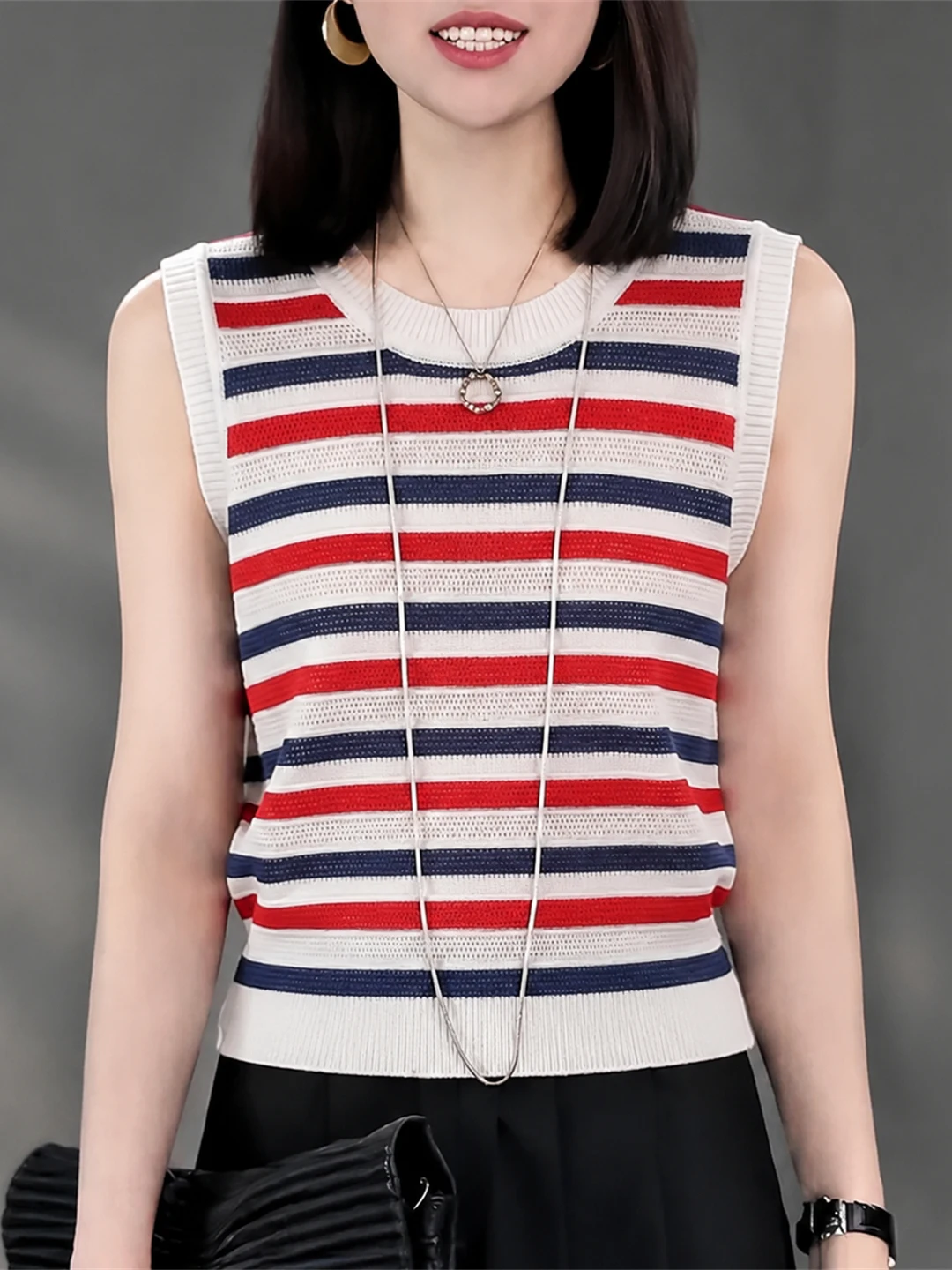

Knitted Hollow out round Neck Vest Striped Top Korean Style Summer Fashion Women's Clothing Breathable Casual Inner Wear