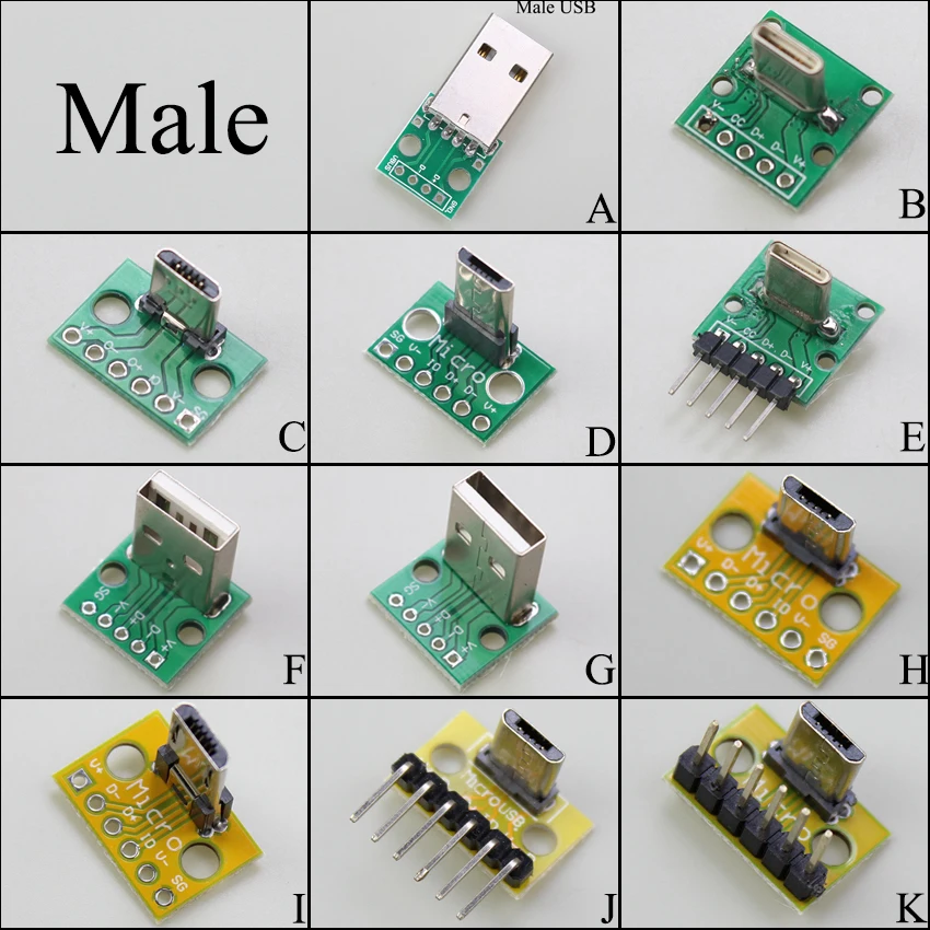 1 Piece Data Charging Cable Jack Test Board with Pin Header 90 Degree Micro Mini USB 3.0 2.0 Type C Male Connector