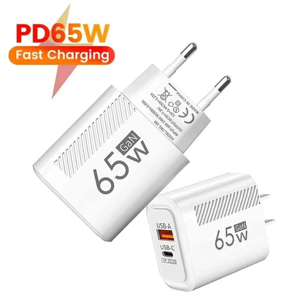 

65W USB Charger 2 Ports PD Type C Fast Charging Adapter QC3.0 Wall Power Adapter for iPhone Xiaomi Samsung Travel Phone Charger