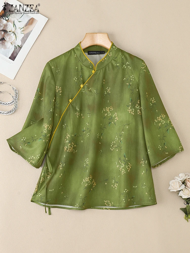 

Vintage Shirts ZANZEA Autumn Summer Blouse Women Half Sleeve Floral Tops Elegant Stand Neck Work Shirt Buttons Blusas Femme 2025