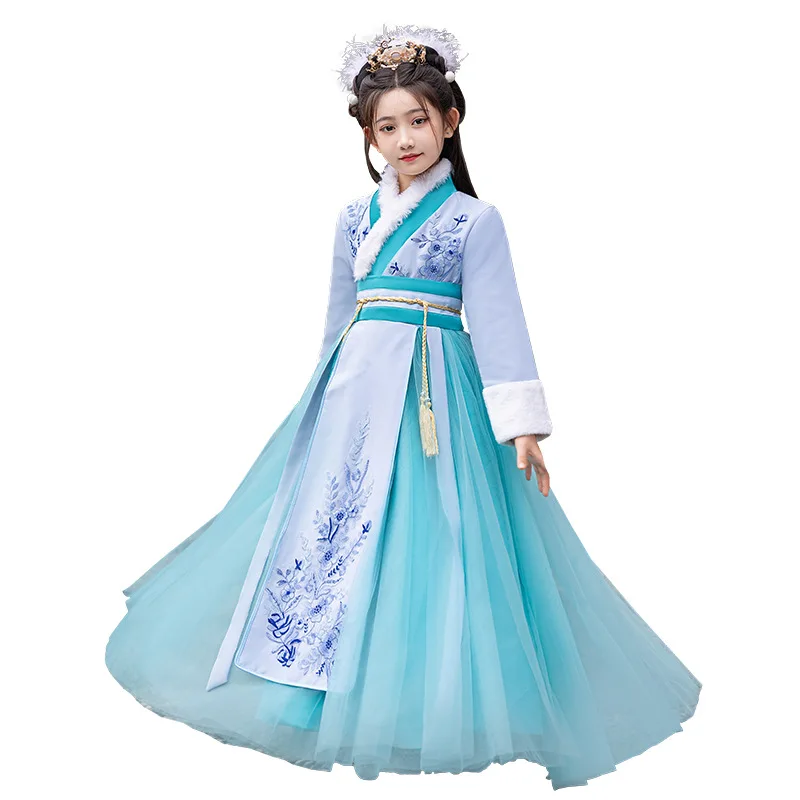 Girls  Fairy Hanfu With Cloak Children Winter Warm Embroider Tang Suit Dress Kids Baby Birthday Gift Chinese New Year's Clothing