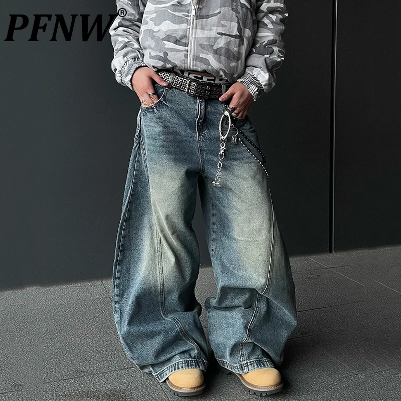 PFNW High Street Men's Jeans Worn-out Washed Machete Design Solid Color Straight Wide Leg Denim Pants Autumn Stylish 12C1954