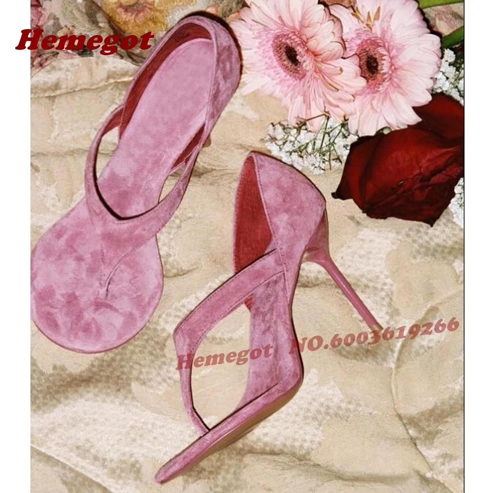 Rosa Wildleder-Clip-Toe-Sandalen mit T-Riemen und Stilettoabsatz, flache Damen-Sandalen zum Hineinschlüpfen, Patchwork-Design, Air-Runway-Schuhe, Neu 2026, Sexy