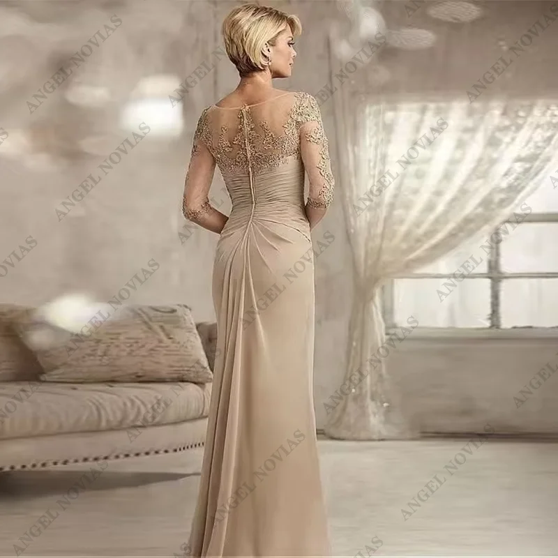 Customized Mother of The Groom Dresses Elegant Beaded Lace Champagne Plus Size Chiffon Half Sleeves Evening Dress