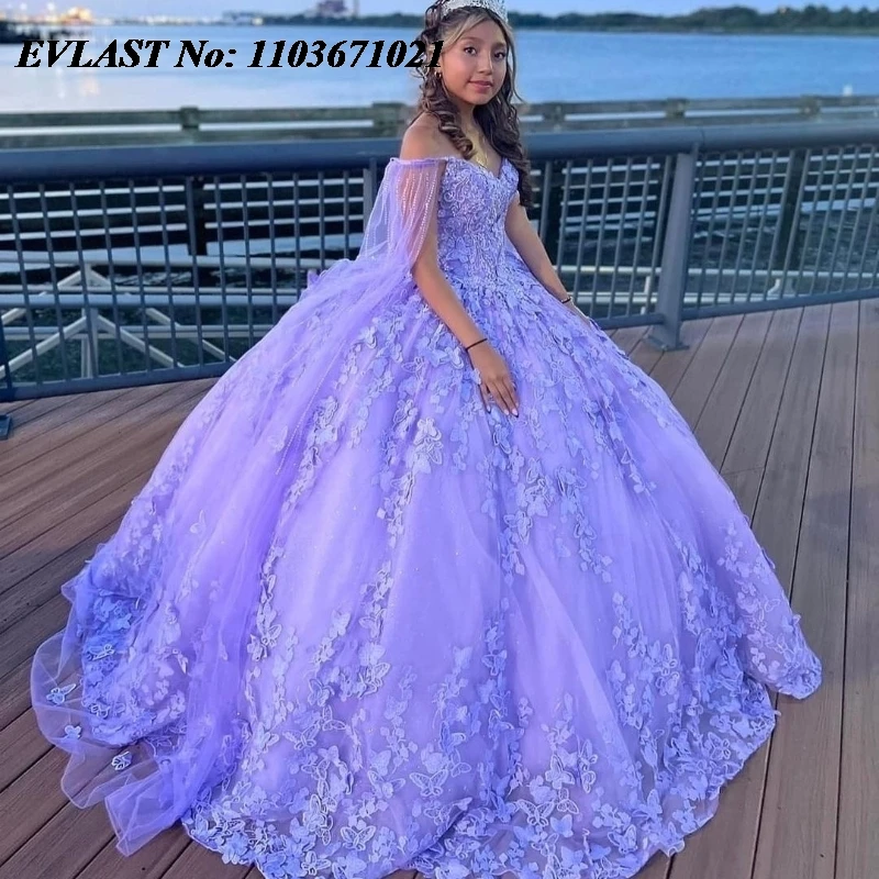 EVLAST-Vestido Princesa Lavender Quinnceanera, Lace Applique frisado com capa, espartilho, vestido de bola Sweet 16, SQ523, 16