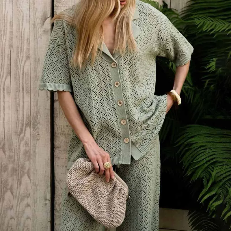 Spring Knitted Crochet Wave Pants Suit Women Single-breasted Half Sleeved Tops+high Waist Wide-leg Pants Autumn Two Piece Set