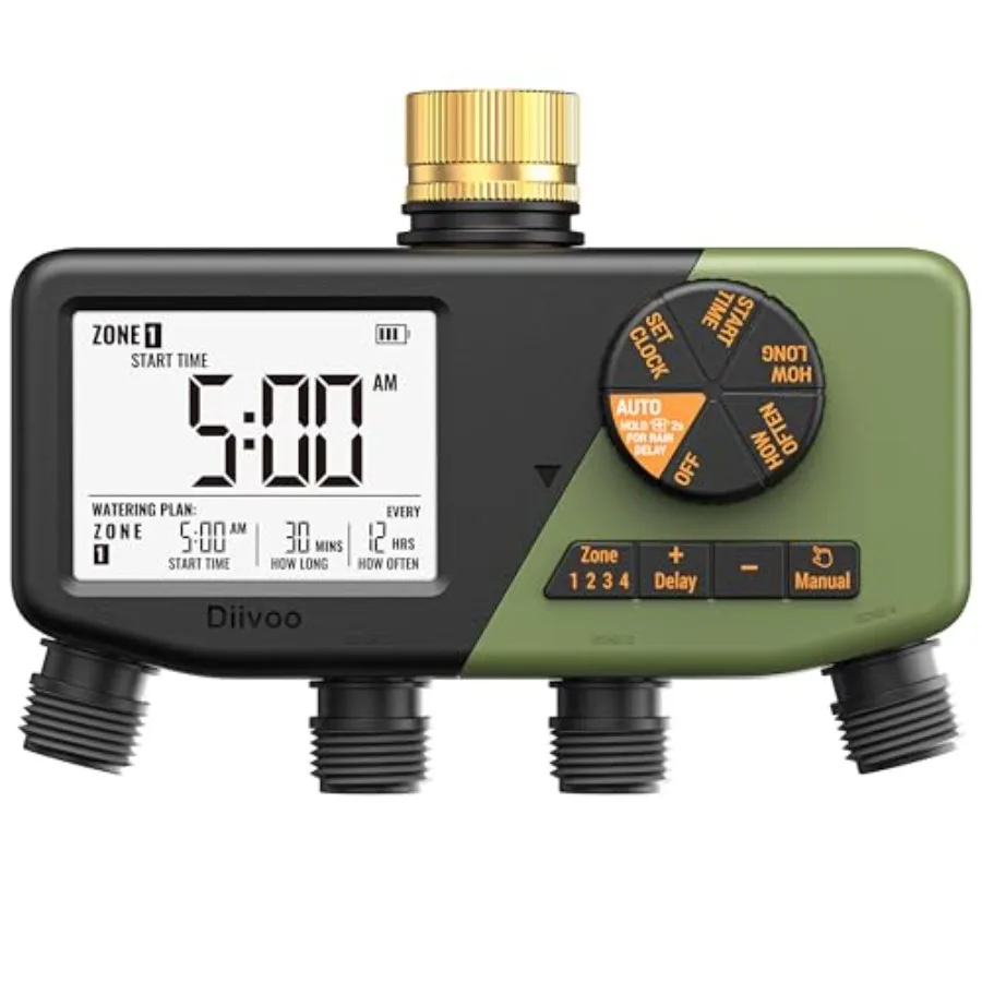 

4 Zone Sprinkler Timer with Brass Inlet IP68 Waterproof for Garden Hose Lawn Yard Large Display Digital Control Rain Delay Manu