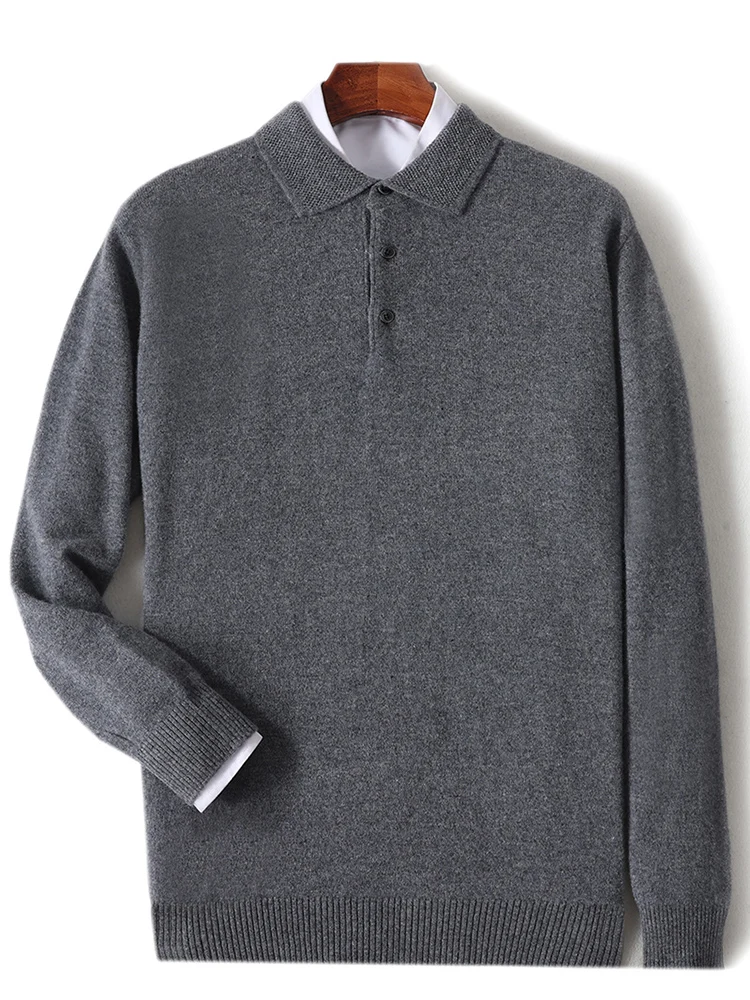 Merino 100% Wool Men's Shirt Collar Casual Fashion Base Pullover Autumn Winter Warm Long Sleeved Knitted Sweater