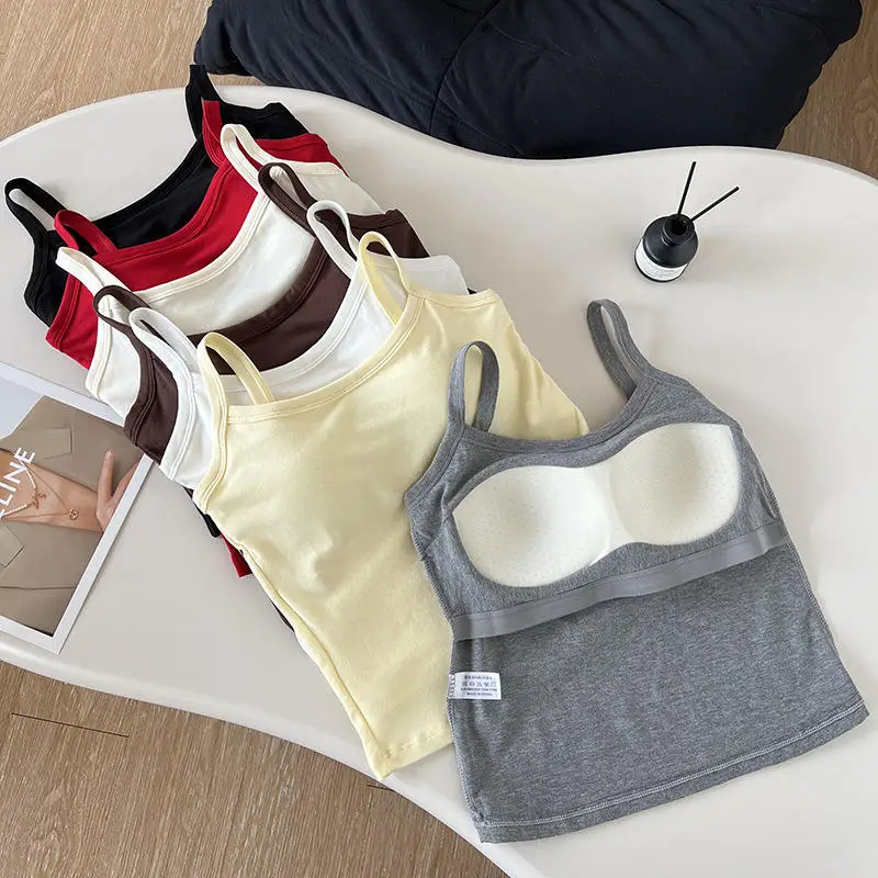 Summer Thread Cotton Strap Vest Women's Inner Wear No Bra Needed Outer Wear Slimming Base Shirt Home Fashion Daily Life