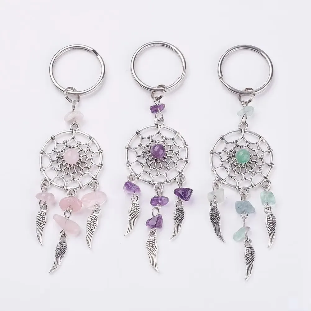 Natural Stone Beads Bohemian Indians Wing Dreamcatcher Alloy Keychain Healing Crystal Amethyst Quartz Agate Charms Key Chain