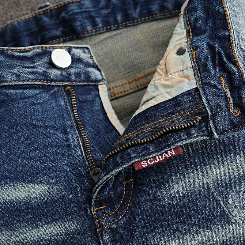 Street Fashion Men's Painted Jeans Retro Blue Elastic Slim Fit Panel Designer Bicycle Jeans Men's Pants Hip Hop Jeans Home