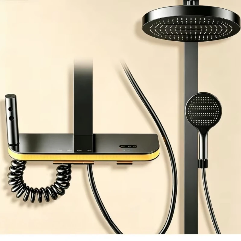 Designer's minimalist chrome-plated thermostatic shower panel with vertical column showerheads, sliders, body showerheads