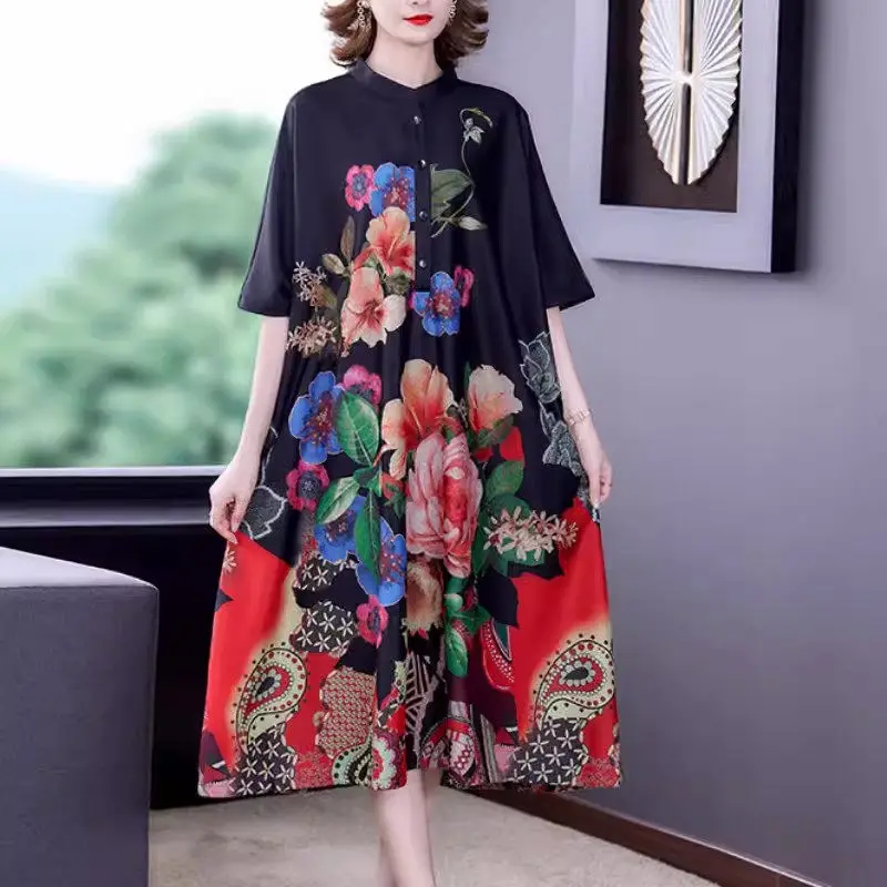 

Large Size Women's Clothing 2024 Summer Ethnic Style Loose Mulberry Silk Fragrant Cloud Yarn Dress Printed Vestidos K2321