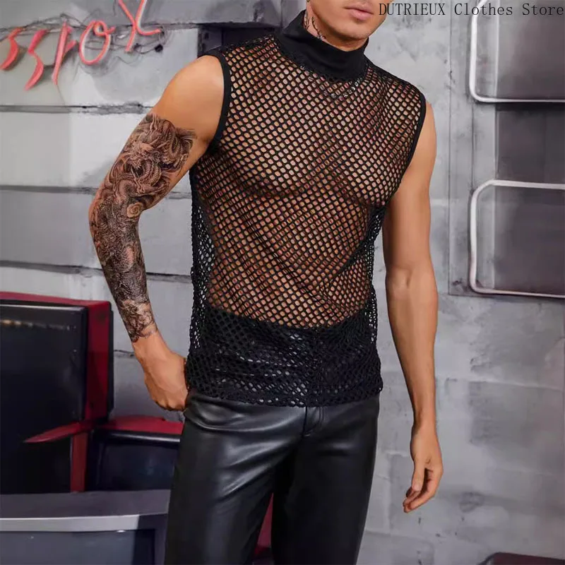 Sexy Hollow Men\'s Vest Soft Comfortable Breathable Fitness Sports Black Vest Elastic Slim Men\'s 6 Minutes Fitness Pants Short