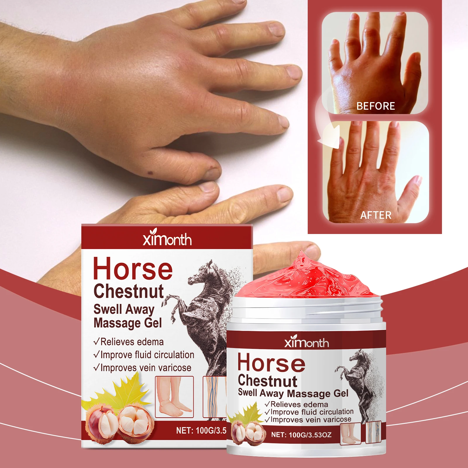 Horse Chestnut Swell Away Massage Gel - Edema Relief & Varicose Vein Support - Improves Circulation - 100g/3.5OZ