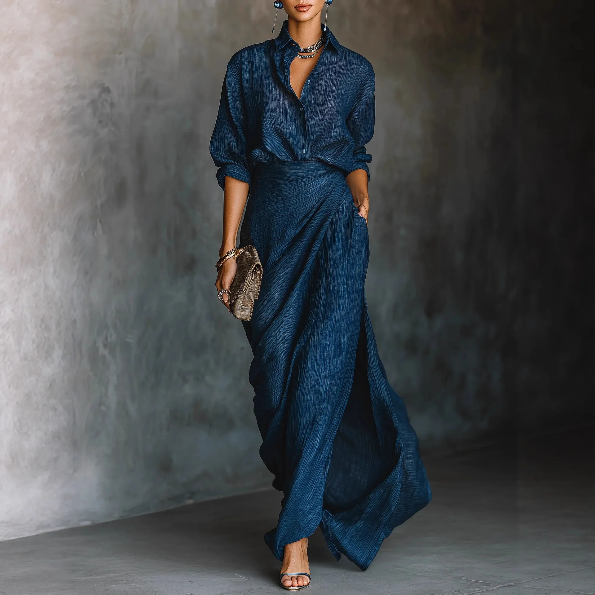 

Autumn Long Sleeve Cardigan Top +Maxi Skirts 2 Pieces Sets Europe Americ Solid Elegant Simple Suit Fashion Woman Outfits