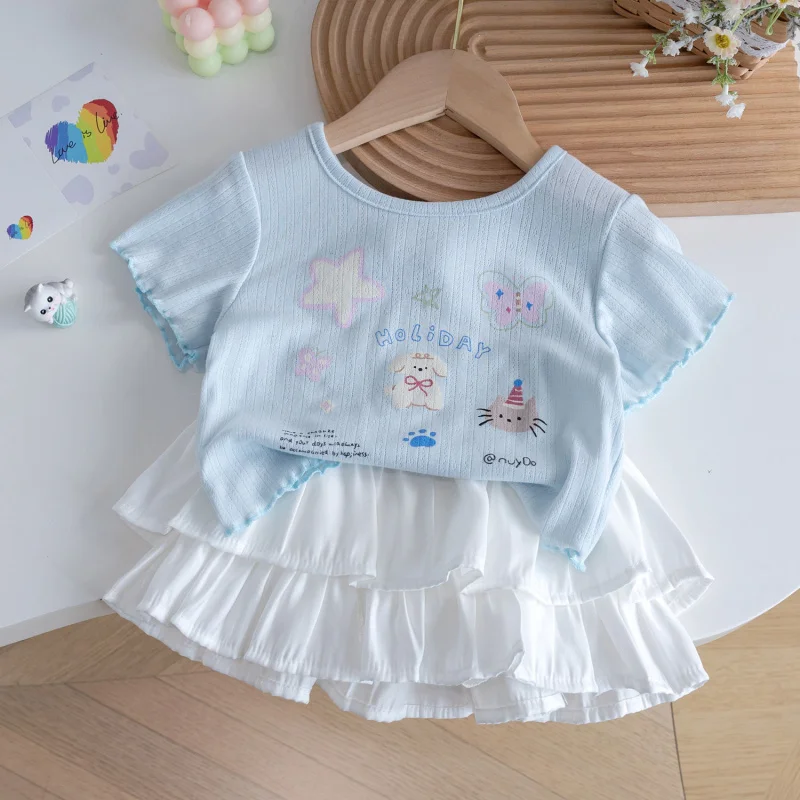 

Kindergarten Baby Summer Girls Princess Style Set Korean New Cartoon Print Short Sleeve Pleated Versatile Short Skirt