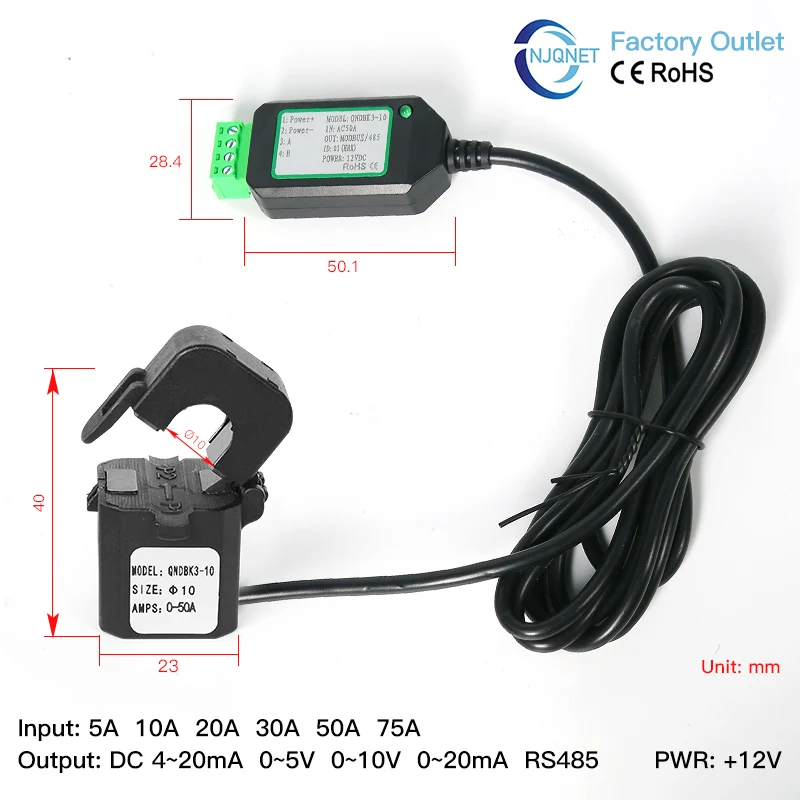

Split Core Current Sensor Factory Price QNDBK3-10 Ac 5A 20A 63A 100A Output RS485 Clamp Ct Current Transformer Transducer Modbus