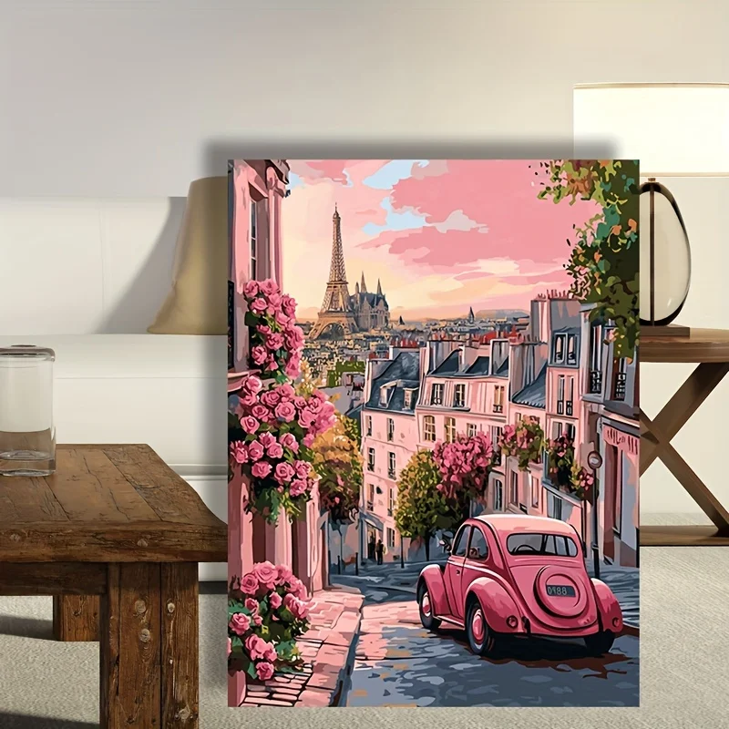 

Stylish Paris Street Scene Canvas Painting Eiffel Tower and Floral Architecture Wall Decoration for Living Room Bedroom Office