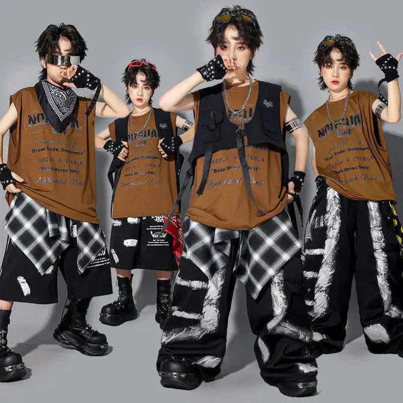 

Children Hip Hop Clothes Street Dance Stage Outfit Brown Top Black Pants Boys Jazz Show Performance Costume Cool Streetwear 3787