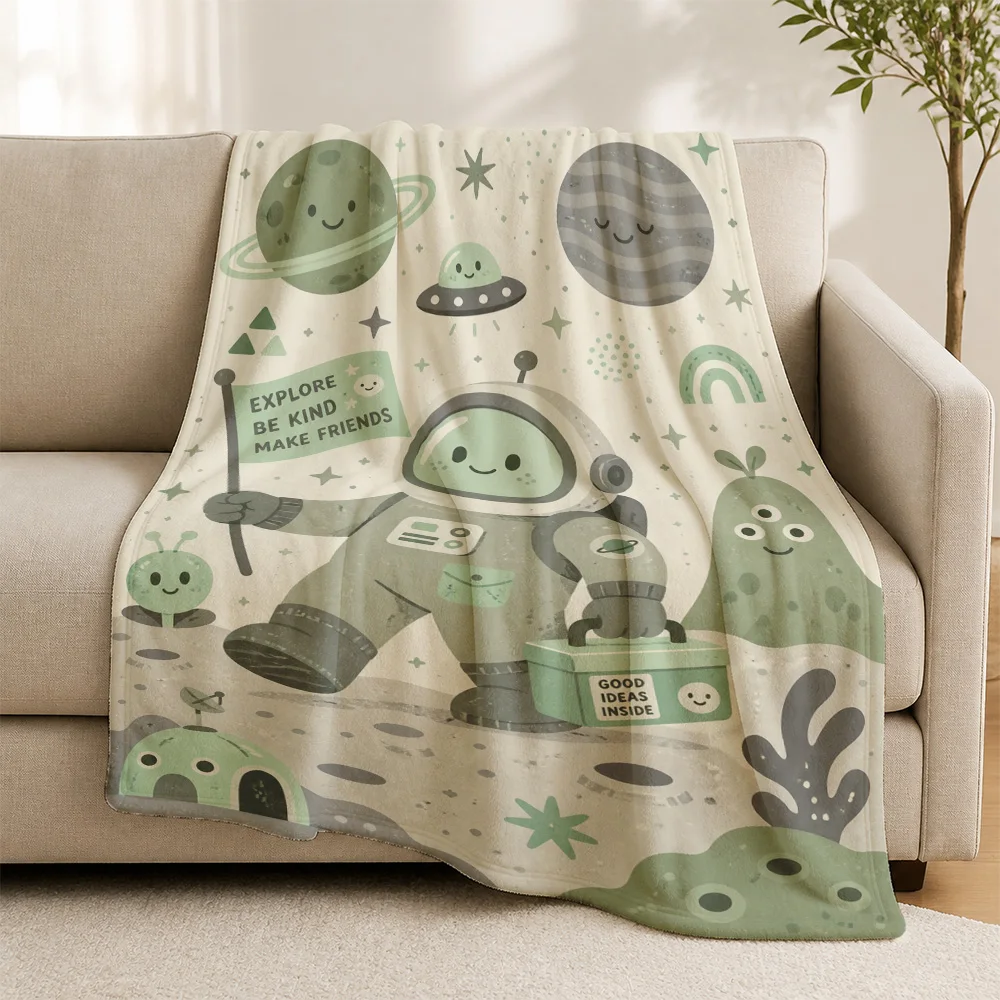 Cute Boho Alien Planets Throw Blanket for Nursery Kids Children Cozy Fuzzy Sofa Decor Baby Gift Galaxy Print