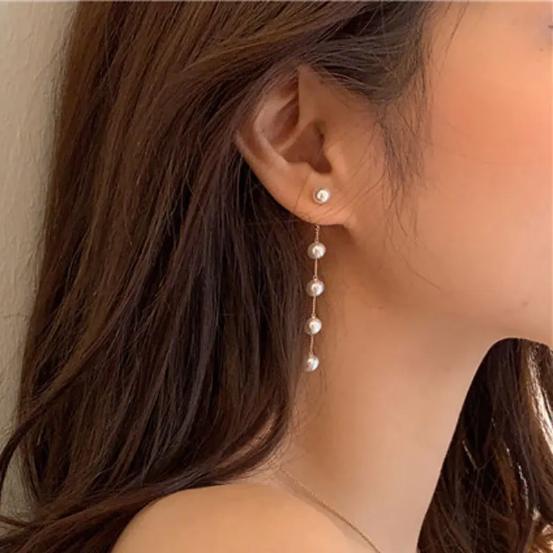 New Trend Simulated Pearl Women Long Earrings White Round Pearl Wedding Pendant Earrings Korean Fashion Jewelry Earrings