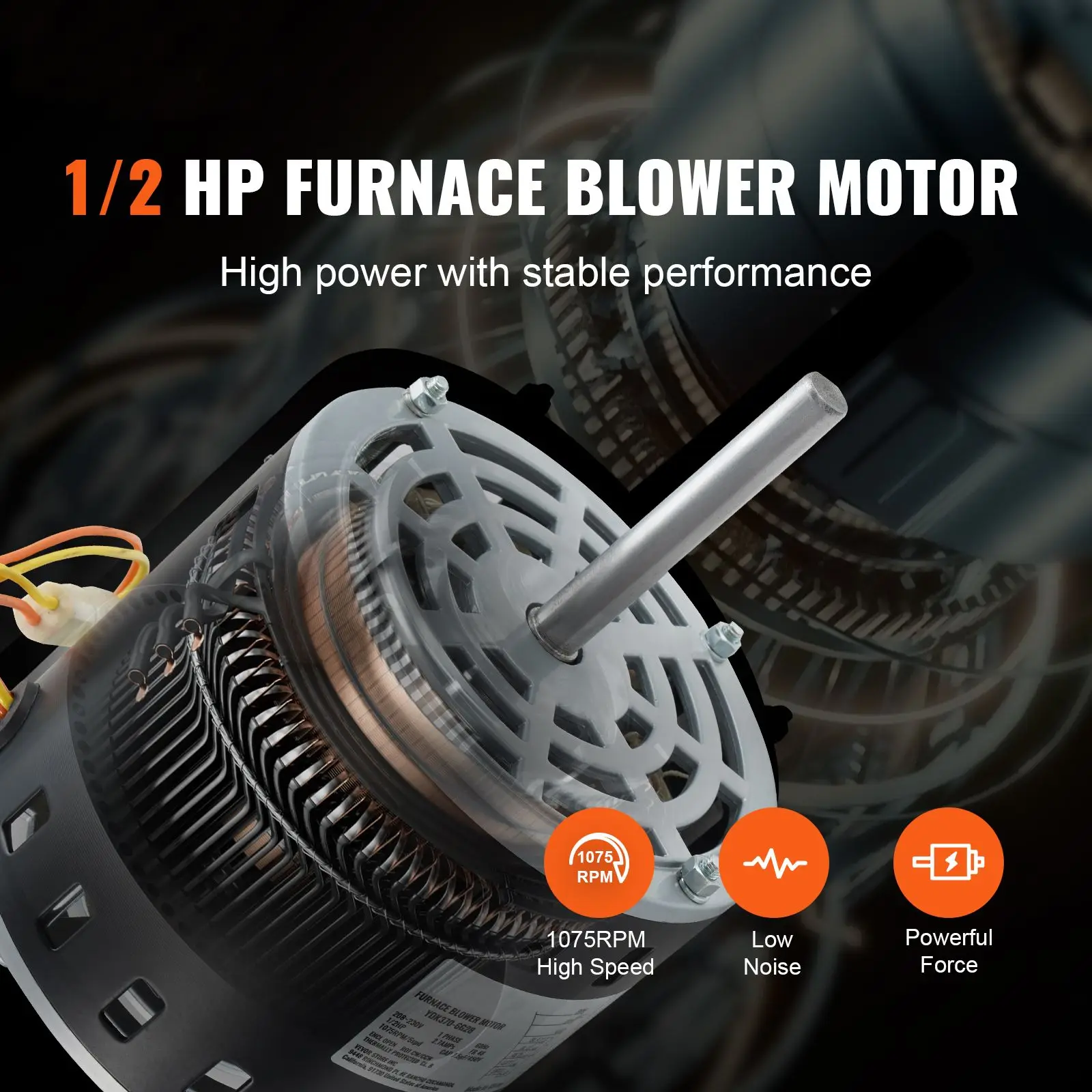1/2HP Furnace Blower Motor, 208/230V 2.7Amps, 1075RPM 5 Speeds, CW/CCW Rotation, 48 Frame 3.4