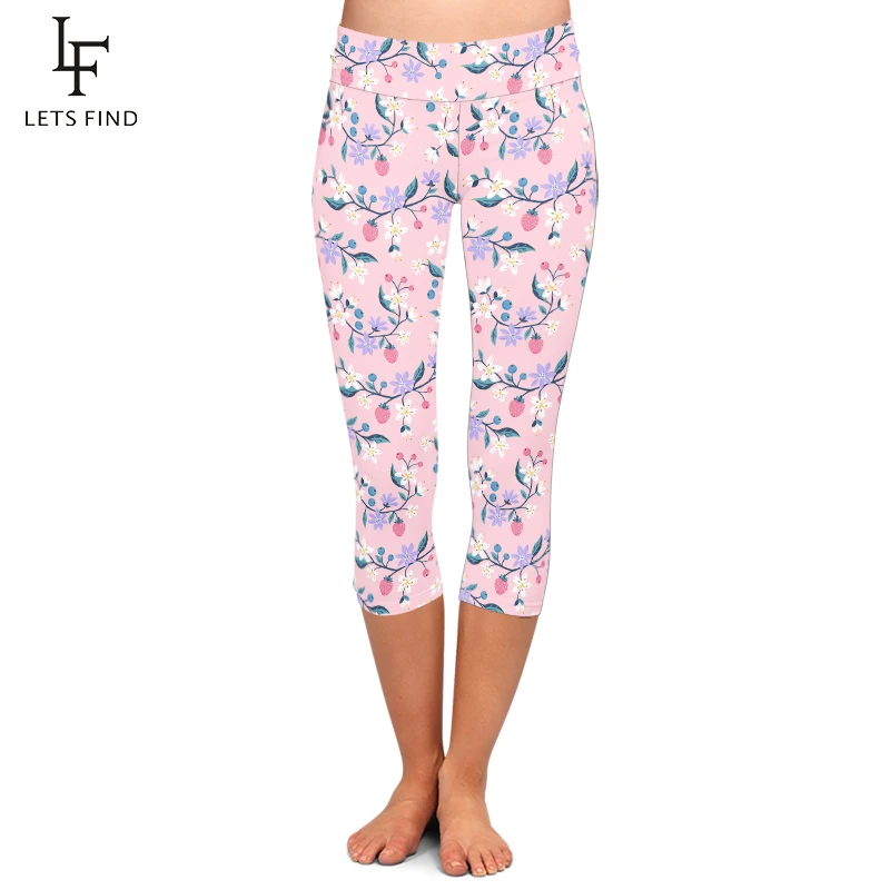 LETSFIND-Calças Capri femininas com estampa de morango e mirtilo, cintura alta, stretch, meia panturrilha, leggings 3/4, moda fitness, verão