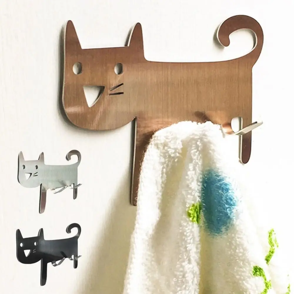 Cartoon Metal Cat Shaped Hook Wall Mounted Stainless Steel Keys Towel Hanger Decorative Self-Adhesive Storage Hook Bathroom