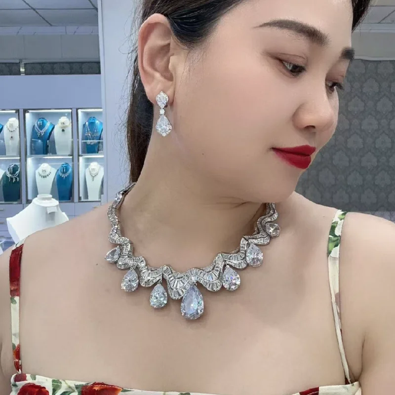 Europe America Stud Earrings Necklace Inlay Water Drop Czech Zircon Tassels Pendant Wavy Chain Dinner Party Choker Jewelry Sets