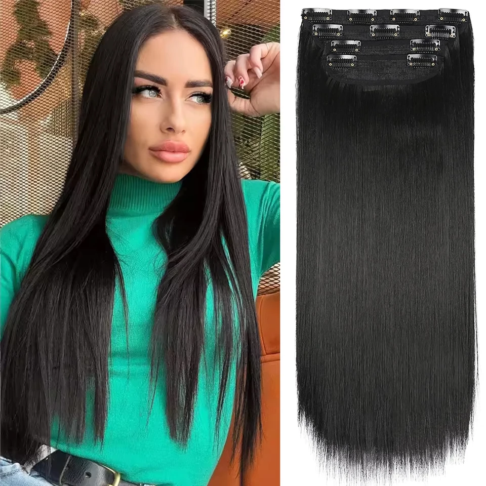 

4 sets of 24-inch synthetic hair clips for long straight and thick hair clips for women's full-head synthetic hair expansion Omb