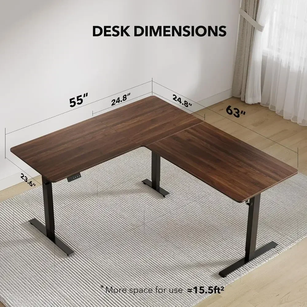 63 x 55 Adjustable Height L-Shaped Desk, Electric Sit-Stand Computer Desk with Black/Black Walnut Top