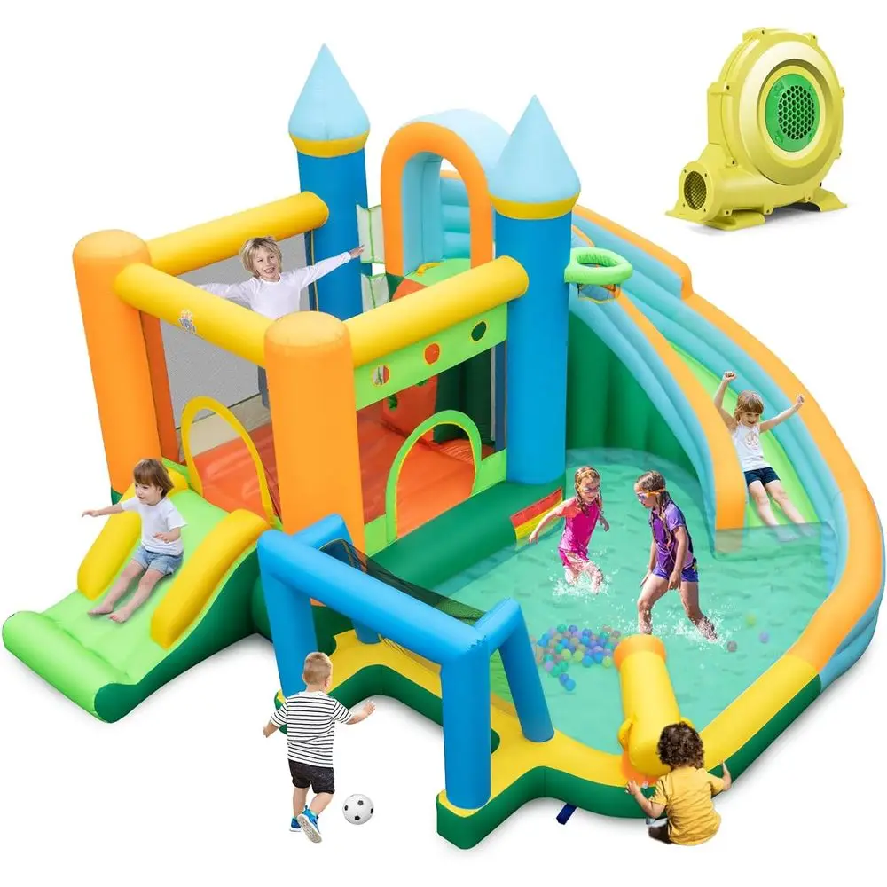 Nadmuchiwana zjeżdżalnia wodna, gigantyczny park dmuchany 9 w 1 z podwójnymi zjeżdżalniami, bramką do piłki nożnej, głębokim basenem, do użytku wewnątrz i na zewnątrz