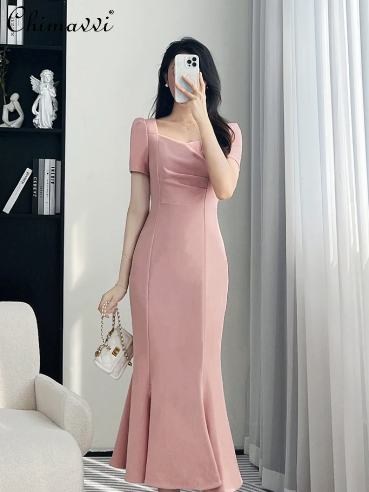 

French Elegant Fashion Commuter Square Collar Short Sleeve Pleated High Waist Casual Hip-wrapped Black Fishtail Long Dress Women