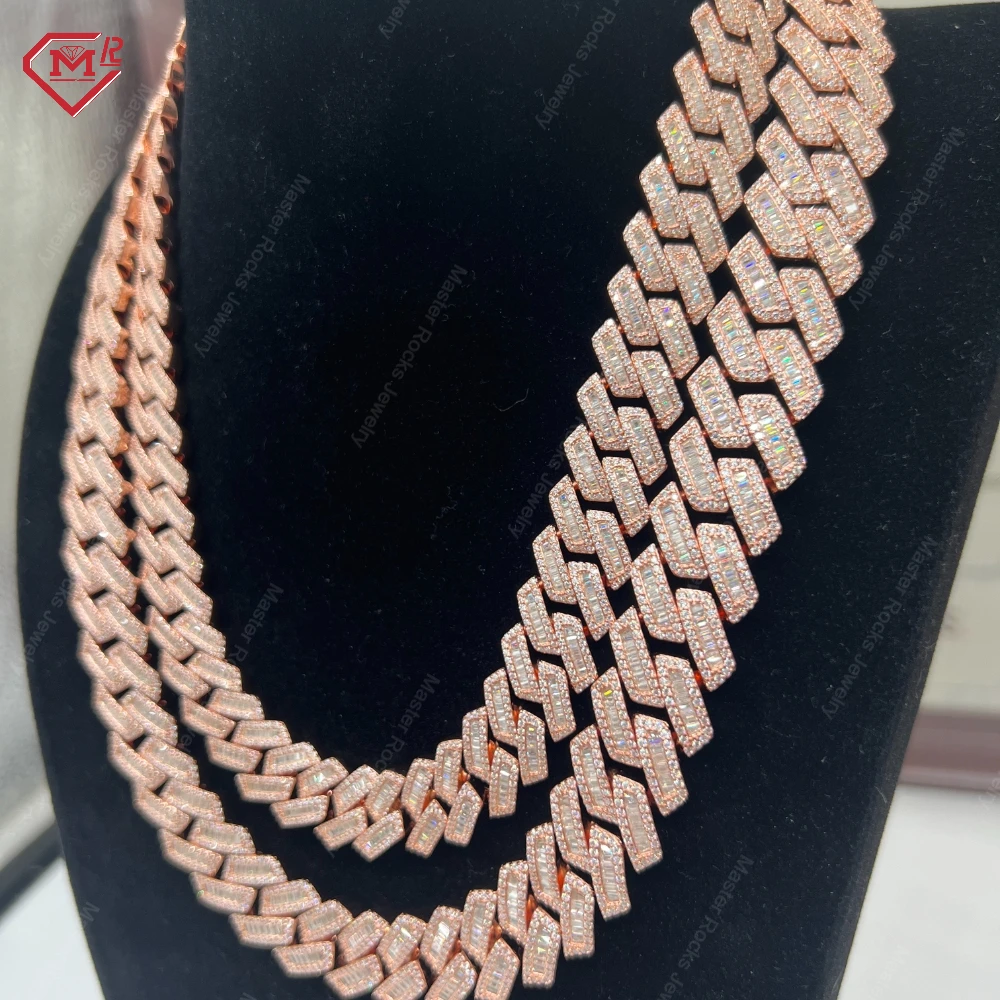 Hiphop Cuban Chain 925 Sterling Silver Rose Gold 18mm Iced Out Miami Baguette Vvs Moissanite Cuban Link Chain