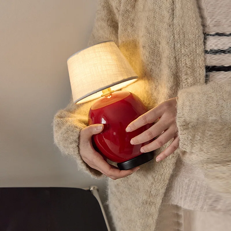 Retro red glaze color glass desk lamp, cute red bean desktop fabric decor ornament, rechargeable atmosphere night light YX306UL