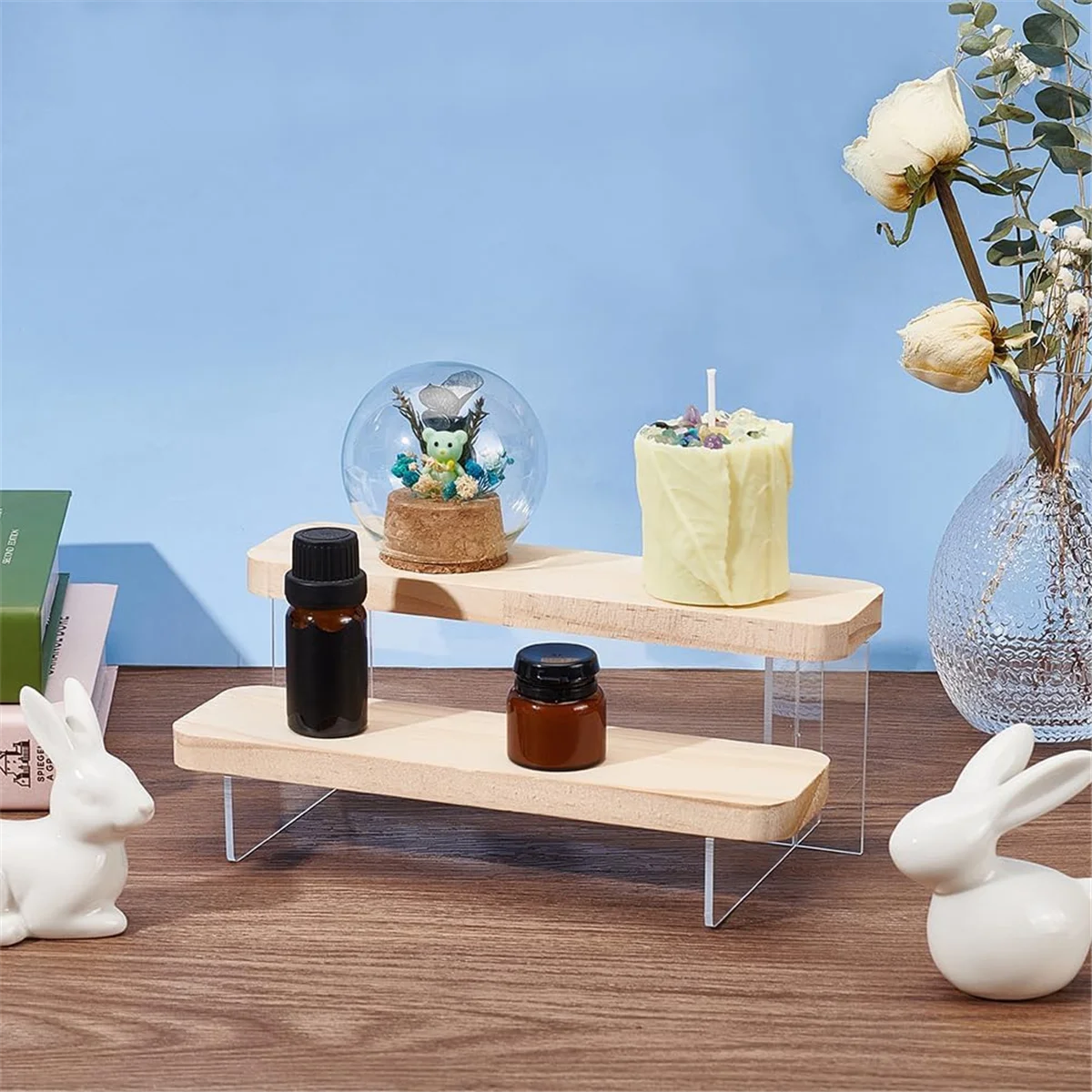 2-Tier Figure Display Stand Wooden Tiered Organizer Holder, Acrylic Display Risers for Models, Building Blocks Display