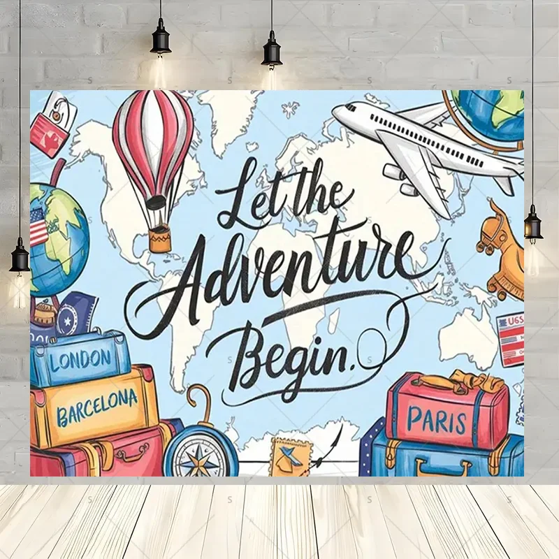 Let The Adventure Begin World Airplane Graduation Party Decoration Travel Backdrop Photography Prop Supplies Background Kid Gift