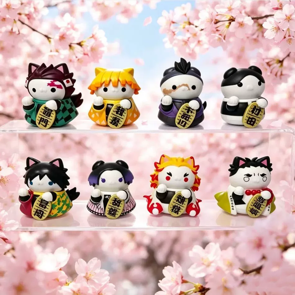 Caja Sorpresa de 8 Figuras de Anime Demon Slayer, Gato de la Suerte, Tanjiro Kamado, Nezuko, Modelo de Dibujos Animados, Adorno de Escritorio, Regalo de Cumpleaños para Niños